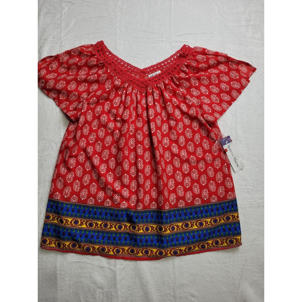 NWT Rebecca Malone Blouse Women Medium Red Paisley Crochet Lace V-Neck Boho Top